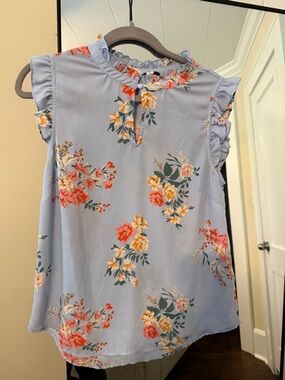 41 Hawthorn Pale Blue Floral Ruffle Mock Neck Tank